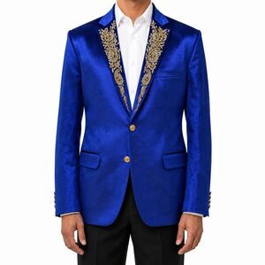 Mens 42R Royal Blue Velvet Blazer Hand Embroidered Paisley Wedding Tuxedo Groom